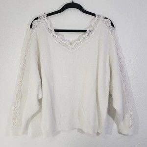 Womens Size M V-neck Super Soft Sweater Fluffy Fuzzy Open Crochet Sleeve